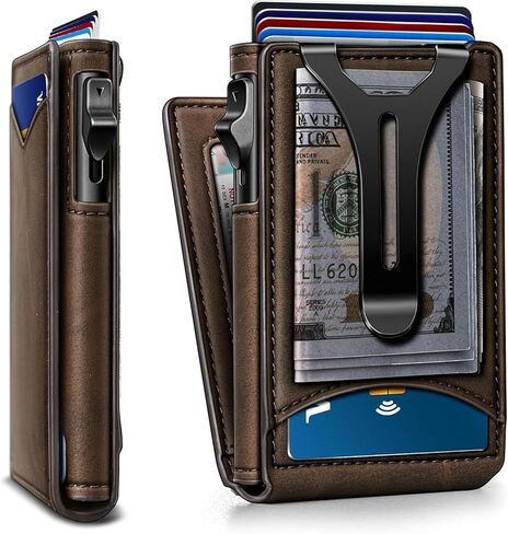 Genuine Leather Wallet for Men Slim Magnetic Flip Bifold with Money Clip and Metal Card Case Holds 9 Cards Ideal for Gifts and Daily Use (Coffee) in Saudi Arabia