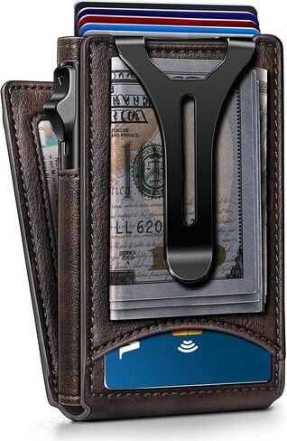 Genuine Leather Wallet for Men Slim Magnetic Flip Bifold with Money Clip and Metal Card Case Holds 9 Cards Ideal for Gifts and Daily Use (Coffee) in Saudi Arabia