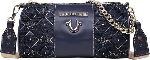 True Religion Barrel Bag, Studded Zip Top Purse with Chain Handle, Adjustable Crossbody Strap and Gold Hardware in Saudi Arabia
