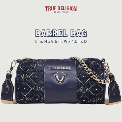 True Religion Barrel Bag, Studded Zip Top Purse with Chain Handle, Adjustable Crossbody Strap and Gold Hardware in Saudi Arabia