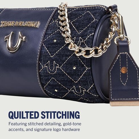 True Religion Barrel Bag, Studded Zip Top Purse with Chain Handle, Adjustable Crossbody Strap and Gold Hardware in Saudi Arabia