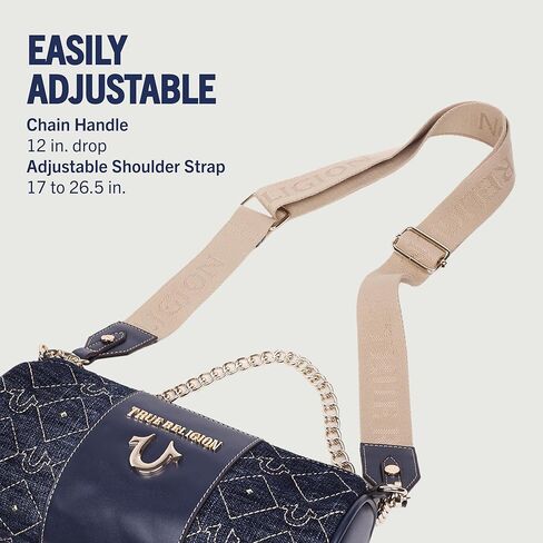 True Religion Barrel Bag, Studded Zip Top Purse with Chain Handle, Adjustable Crossbody Strap and Gold Hardware in Saudi Arabia