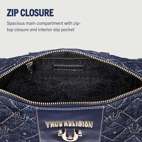 True Religion Barrel Bag, Studded Zip Top Purse with Chain Handle, Adjustable Crossbody Strap and Gold Hardware in Saudi Arabia