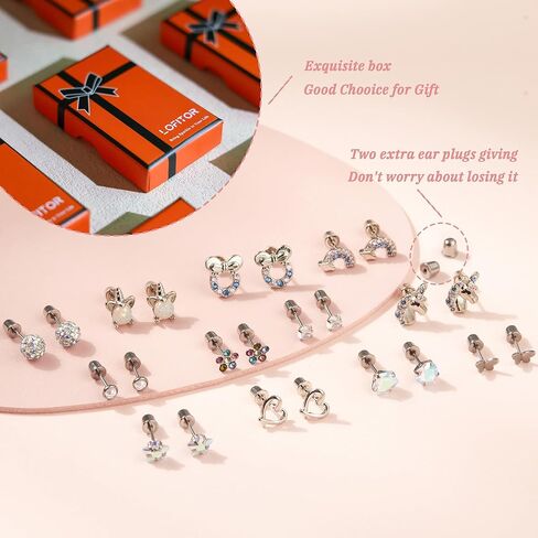 12 Pairs Hypoallergenic Screw Back Earrings For Women Girls Kids Cute Surgical Steel Earrings Set CZ Star Butterfly 316L Stainless Steel Screwback Flat Back Stud Earring Jewelry Gift in Saudi Arabia