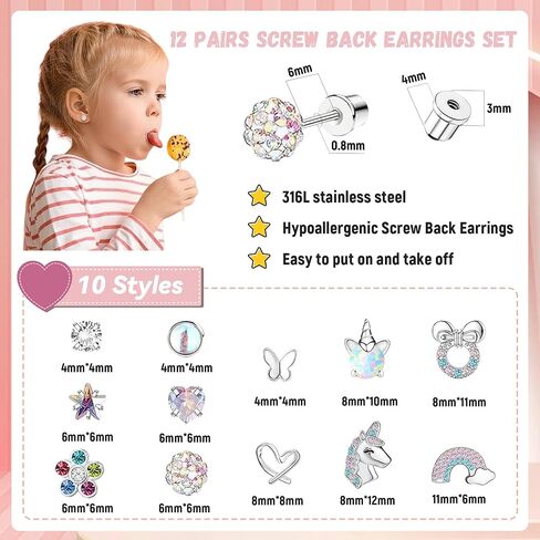 12 Pairs Hypoallergenic Screw Back Earrings For Women Girls Kids Cute Surgical Steel Earrings Set CZ Star Butterfly 316L Stainless Steel Screwback Flat Back Stud Earring Jewelry Gift in Saudi Arabia