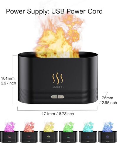 7-Color Flame Essential Oil Diffuser, 180mL Cool Mist Humidifier with Auto-Off, Ultra-Quiet USB Aromatherapy Diffuser for Bedroom, Home, Office - Portable Night Light (Black) in Saudi Arabia