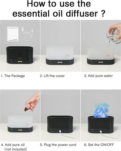 7-Color Flame Essential Oil Diffuser, 180mL Cool Mist Humidifier with Auto-Off, Ultra-Quiet USB Aromatherapy Diffuser for Bedroom, Home, Office - Portable Night Light (Black) in Saudi Arabia