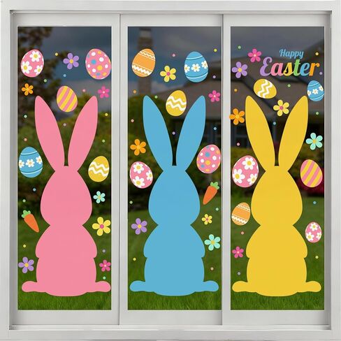 Ctosree 3 Sheets Extra Large Easter Window Clings Decorations, Easter Bunny Window Clings with Flower Egg Stickers Colorful Bunny Stickers for Party Decorations Supplies, 13 * 33.8Inch in Saudi Arabia