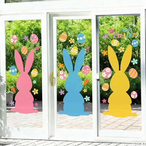 Ctosree 3 Sheets Extra Large Easter Window Clings Decorations, Easter Bunny Window Clings with Flower Egg Stickers Colorful Bunny Stickers for Party Decorations Supplies, 13 * 33.8Inch in Saudi Arabia