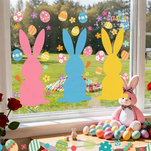 Ctosree 3 Sheets Extra Large Easter Window Clings Decorations, Easter Bunny Window Clings with Flower Egg Stickers Colorful Bunny Stickers for Party Decorations Supplies, 13 * 33.8Inch in Saudi Arabia