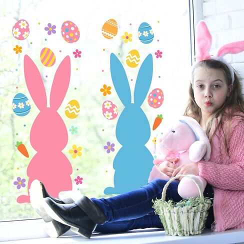 Ctosree 3 Sheets Extra Large Easter Window Clings Decorations, Easter Bunny Window Clings with Flower Egg Stickers Colorful Bunny Stickers for Party Decorations Supplies, 13 * 33.8Inch in Saudi Arabia