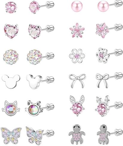 12 Pairs Hypoallergenic Screw Back Earrings For Women Girls Kids Cute Surgical Steel Earrings Set CZ Star Butterfly 316L Stainless Steel Screwback Flat Back Stud Earring Jewelry Gift in Saudi Arabia