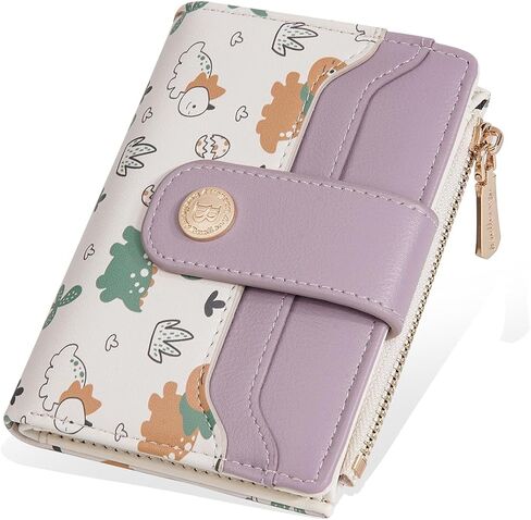 Dinosaur Slim Wallet for Women, Compact Card Holder with Wrist Strap (Animal purple, 4.96 in - 3.74 in - 1.18 in) in Saudi Arabia