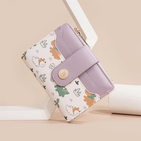 Dinosaur Slim Wallet for Women, Compact Card Holder with Wrist Strap (Animal purple, 4.96 in - 3.74 in - 1.18 in) in Saudi Arabia