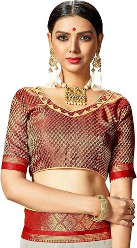 Elina fashion Gold V-Neck Blouse for Women Brocade Fabric Short Sleeves Ethnic Wear Weddings Festivals in Saudi Arabia
