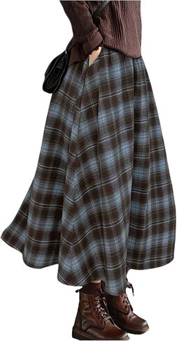 GORGLITTER المرأة القماش القطني Flowy ألف خط ميدي تنورة عادية متأنق منقوشة عالية الخصر متوهج خمر التنانير الطويلة الغربية in Kuwait