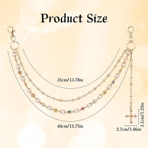 Gold Pants Chain, Stylish Pearl and Rhinestone Gold Wallet Chain with Cross Pendant, Double Layer Jeans Pocket Jewelry Accessories for Women Men in Saudi Arabia