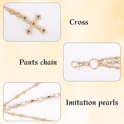 Gold Pants Chain, Stylish Pearl and Rhinestone Gold Wallet Chain with Cross Pendant, Double Layer Jeans Pocket Jewelry Accessories for Women Men in Saudi Arabia