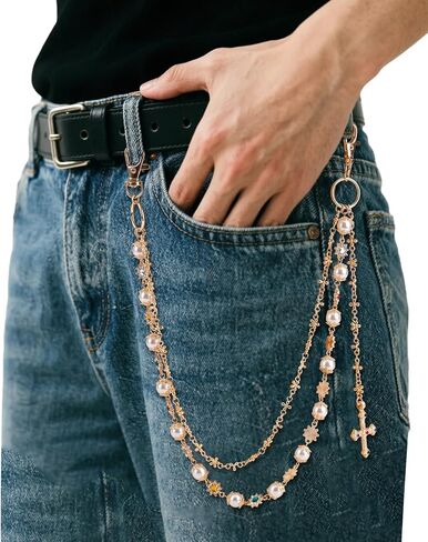 Gold Pants Chain, Stylish Pearl and Rhinestone Gold Wallet Chain with Cross Pendant, Double Layer Jeans Pocket Jewelry Accessories for Women Men in Saudi Arabia
