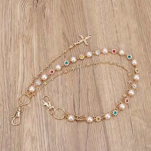Gold Pants Chain, Stylish Pearl and Rhinestone Gold Wallet Chain with Cross Pendant, Double Layer Jeans Pocket Jewelry Accessories for Women Men in Saudi Arabia