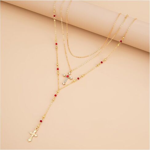 Gold Rhinestone Cross Pendant Necklace,Summer Beach Multi Layered Bead Chest Body Chain Jewelry Metal Y Shape Long Tassel Clavicle Chain Necklace for Women in Saudi Arabia