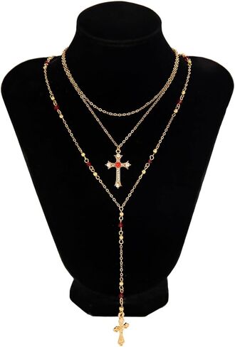 Gold Rhinestone Cross Pendant Necklace,Summer Beach Multi Layered Bead Chest Body Chain Jewelry Metal Y Shape Long Tassel Clavicle Chain Necklace for Women in Saudi Arabia