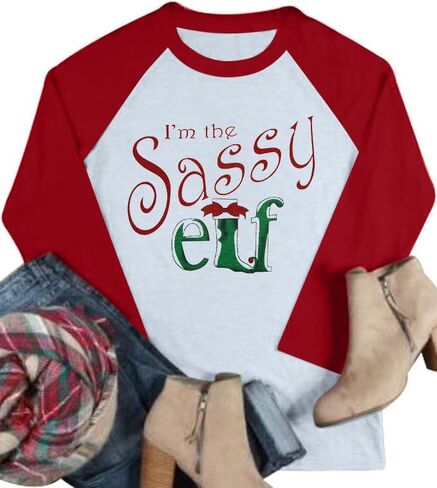 JINTING قميص عيد الميلاد للنساء تي شيرت Im The Sassy Elf 3/4 جرافيك كم طويل بلايز هدايا عيد الميلاد أحمر-رمادي in Kuwait