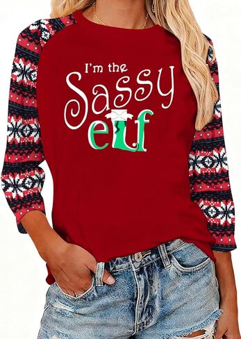 JINTING قميص عيد الميلاد للنساء تي شيرت Im The Sassy Elf 3/4 جرافيك كم طويل بلايز هدايا عيد الميلاد أحمر-رمادي in Kuwait