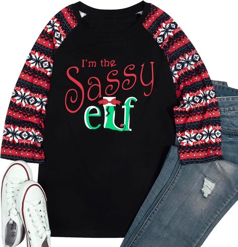 JINTING قميص عيد الميلاد للنساء تي شيرت Im The Sassy Elf 3/4 جرافيك كم طويل بلايز هدايا عيد الميلاد أحمر-رمادي in Kuwait