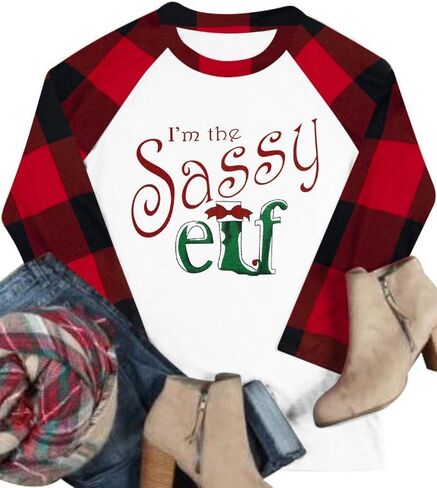 JINTING قميص عيد الميلاد للنساء تي شيرت Im The Sassy Elf 3/4 جرافيك كم طويل بلايز هدايا عيد الميلاد أحمر-رمادي in Kuwait