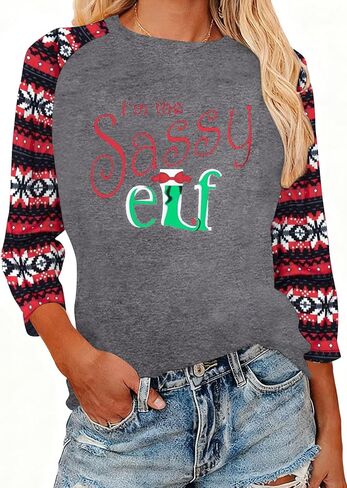 JINTING قميص عيد الميلاد للنساء تي شيرت Im The Sassy Elf 3/4 جرافيك كم طويل بلايز هدايا عيد الميلاد أحمر-رمادي in Kuwait