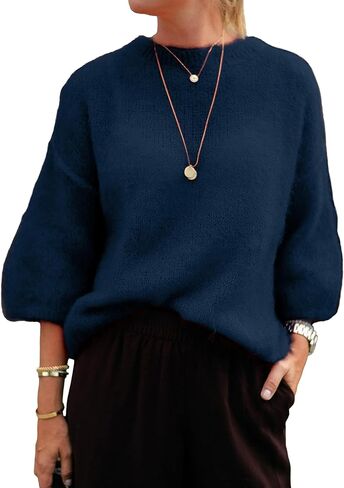 Womens 3/4 Length Sleeve Sweater Casual Loose Crew Neck Drop Shoulder Knitted Solid Jumper Top Sweaters in Saudi Arabia