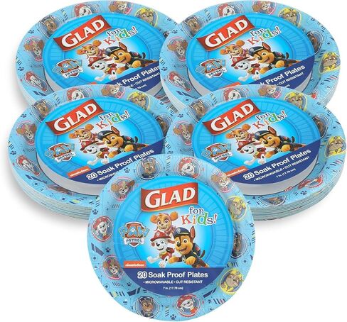 Glad for Kids 8 1/2" Paper Plates, Small Blue Round with Paw Patrol Design, Heavy Duty Disposable Soak Proof Microwavable, Core Pups Blue, 8.5", Pack of 100 in Kuwait