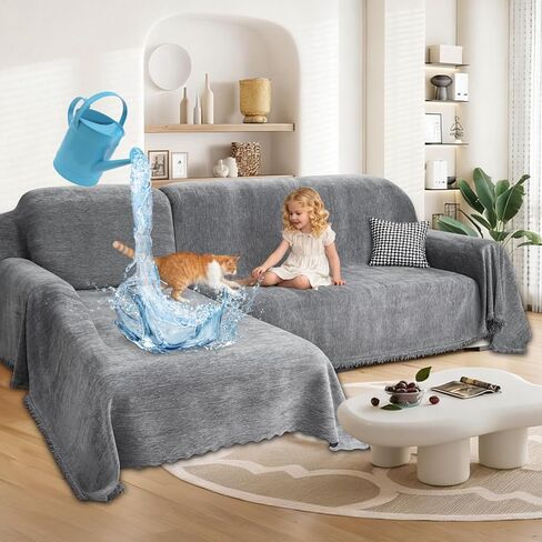 1OO% Waterproof Sectional Couch Covers for Dogs Chenille L Shape Sofa Cover Blanket Set 2 Pieces Sectional Slipcover with Tassel Soft Washable Pet Furniture Protector (X-Large, Charcoal Grey) in Kuwait
