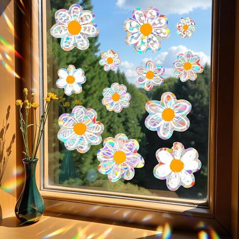 12 قطعة من ملصقات النوافذ Daisy Suncatchers، ملصقات نافذة مضادة للتصادمات، منشور قوس قزح لامع لضربات الطيور، ملصقات زجاجية قابلة لإعادة الاستخدام لعرض المرآة واللوازم المكتبية in Kuwait