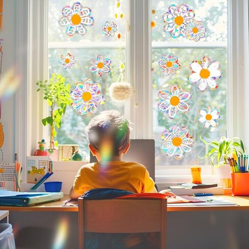 12 قطعة من ملصقات النوافذ Daisy Suncatchers، ملصقات نافذة مضادة للتصادمات، منشور قوس قزح لامع لضربات الطيور، ملصقات زجاجية قابلة لإعادة الاستخدام لعرض المرآة واللوازم المكتبية in Kuwait
