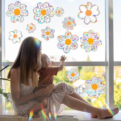 12 قطعة من ملصقات النوافذ Daisy Suncatchers، ملصقات نافذة مضادة للتصادمات، منشور قوس قزح لامع لضربات الطيور، ملصقات زجاجية قابلة لإعادة الاستخدام لعرض المرآة واللوازم المكتبية in Kuwait