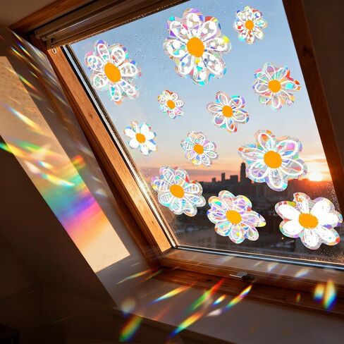 12 قطعة من ملصقات النوافذ Daisy Suncatchers، ملصقات نافذة مضادة للتصادمات، منشور قوس قزح لامع لضربات الطيور، ملصقات زجاجية قابلة لإعادة الاستخدام لعرض المرآة واللوازم المكتبية in Kuwait
