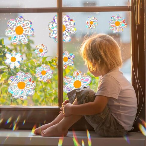 12 قطعة من ملصقات النوافذ Daisy Suncatchers، ملصقات نافذة مضادة للتصادمات، منشور قوس قزح لامع لضربات الطيور، ملصقات زجاجية قابلة لإعادة الاستخدام لعرض المرآة واللوازم المكتبية in Kuwait