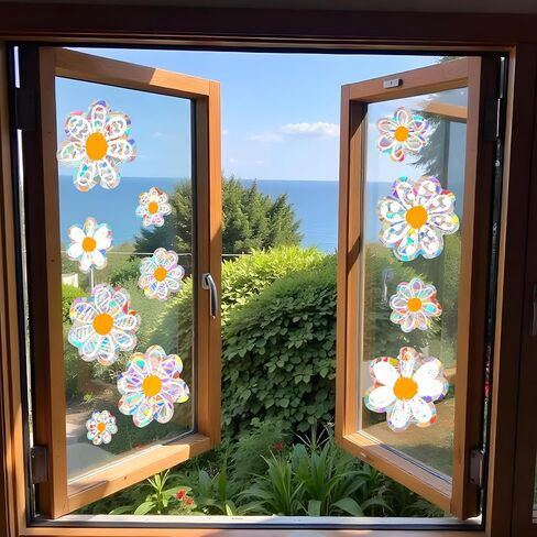 12 قطعة من ملصقات النوافذ Daisy Suncatchers، ملصقات نافذة مضادة للتصادمات، منشور قوس قزح لامع لضربات الطيور، ملصقات زجاجية قابلة لإعادة الاستخدام لعرض المرآة واللوازم المكتبية in Kuwait