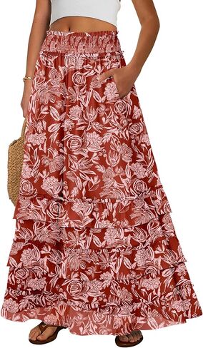 ANRABESS Maxi Skirts for Women Summer Boho Tiered Flowy Elastic High Waist Beach Long Skirt Casual Spring Vacation Outfits in Saudi Arabia