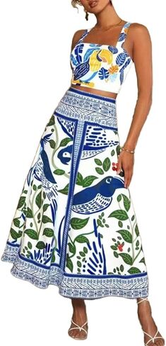 Womens Printed Skirt Outfits Floral Halter Crop Top A Line Maxi Skirt Casual Going Out Sets in Saudi Arabia
