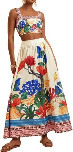 Womens Printed Skirt Outfits Floral Halter Crop Top A Line Maxi Skirt Casual Going Out Sets in Saudi Arabia