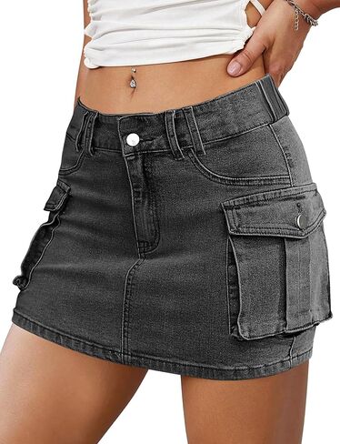 Women's Denim Cargo Skirt, Y2K Mini Low Waist Trendy Slim Fit Short Skirt with Pockets in Saudi Arabia