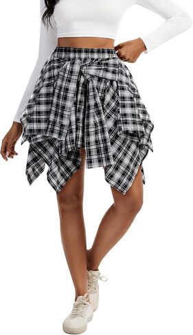 Women's Plaid Skirts Tie Front Pleated Asymmetrical Skirt Y2K Mini Skirt in Saudi Arabia