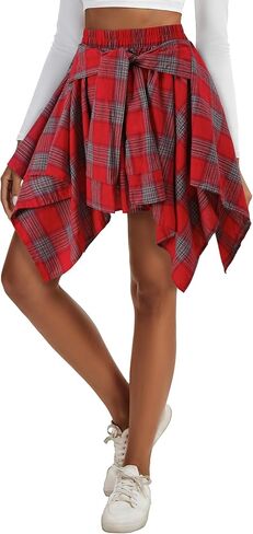 Women's Plaid Skirts Tie Front Pleated Asymmetrical Skirt Y2K Mini Skirt in Saudi Arabia
