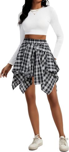 Women's Plaid Skirts Tie Front Pleated Asymmetrical Skirt Y2K Mini Skirt in Saudi Arabia