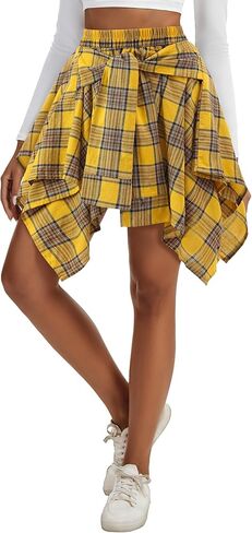 Women's Plaid Skirts Tie Front Pleated Asymmetrical Skirt Y2K Mini Skirt in Saudi Arabia