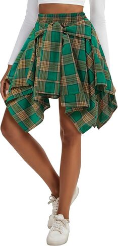 Women's Plaid Skirts Tie Front Pleated Asymmetrical Skirt Y2K Mini Skirt in Saudi Arabia