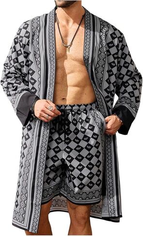 Men's 2 Piece Big and Tall Set Graphic Open Front Long Sleeve Shirt and Drawstring Waist Shorts Resort Wear in Saudi Arabia